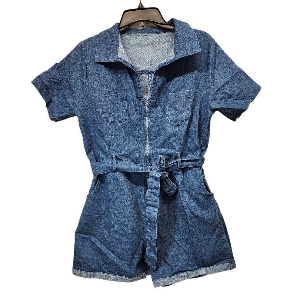 Women's Denim Jumpsuit V Neck Zip Up Short Sleeve Belted Jeans Romper XL - Picture 2 of 8